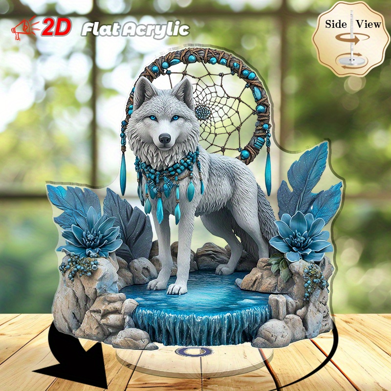 TEMU 2d Flat, 1pc Rotating Wolf & Dreamcatcher Acrylic Desktop Statue - -white Wolf With Suitable For Home Office Decor, Modern Minimalist Tabletop
