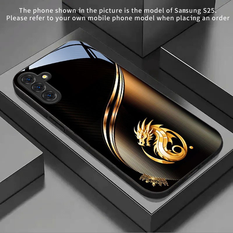 Image of Phone Case: Black Golden Curve Pattern Tempered Glass Phone Case For Galaxy S25 Ultra/s25+/s25 Fe/s25/s24 Ultra/s24+/s24