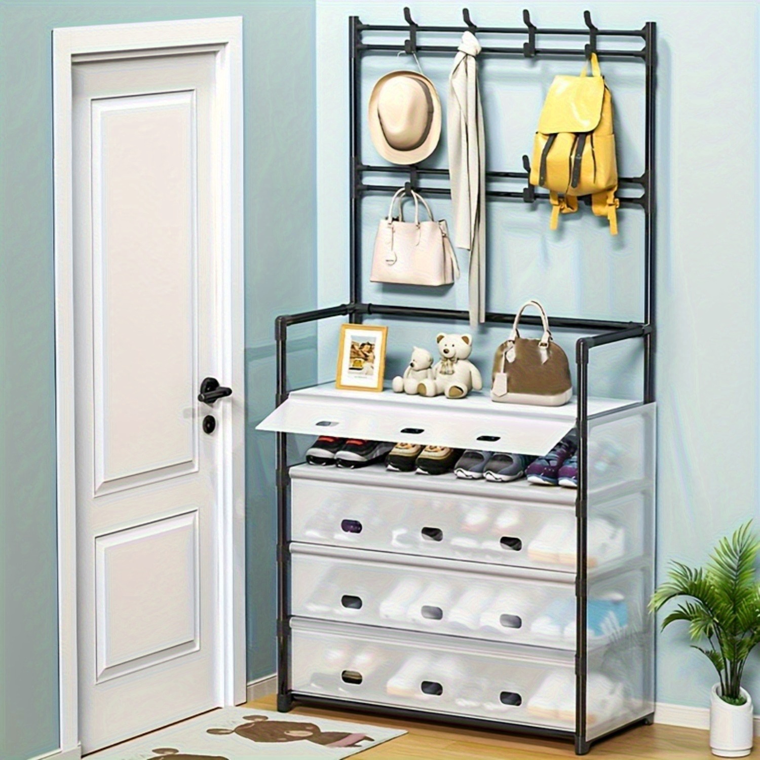 1pc 5-tier metal shoe & hat rack - space-saving entryway organizer with coat hooks, easy assembly, dustproof, no electricity needed, multi-functional storage for home & garage, ideal for bedroom & living room, shoe storage organizer, standing shelf, standing shelf Product details 2
