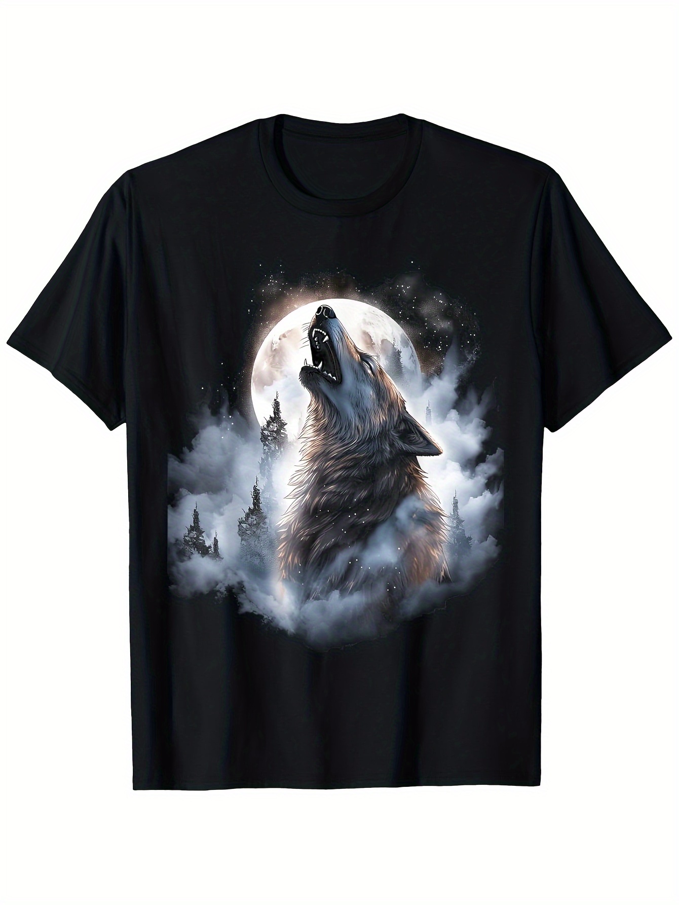 Men S Wolf Moon Graphic T-Shirt -   Wolves &   Design, Breathable Cotton, Short Sleeve, Casual Outdoor &  , Geometric Pattern, Machine Washable,   Spring/Summer/Fall, Outdoor Clothing |   Design | Stretchable Fabric