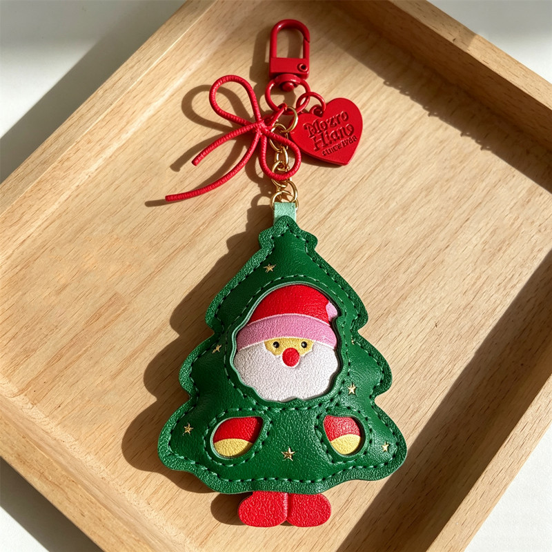 TEMU Christmas Tree Santa Pu Keychain, Cute Cartoon Christmas Element Bag Charm, Decorative Pendant With Red Bow And Heart Tag, Women's Key Chain,