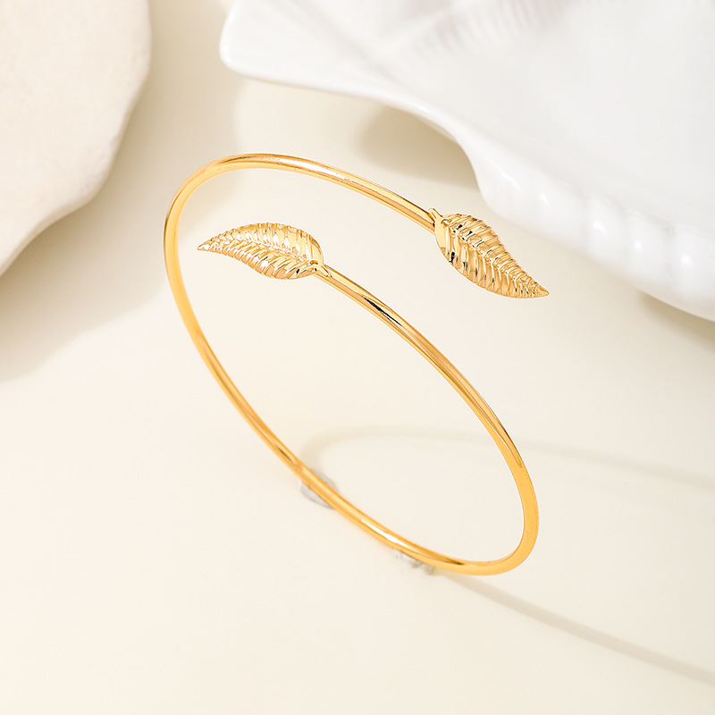 TEMU A Simply Designed Double-layer Open Cuff Bracelet For Women Featuring A Fashionable Metal Leaf, Everyday Wear Or Vacations