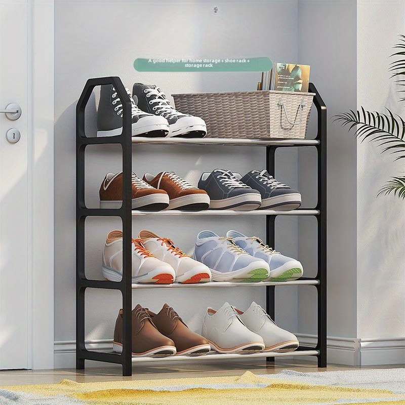 4-tier simple shoe rack, multi-functional and compact, easy assembly, dust-proof storage for home entrance, bedroom, living room - black metal frame with white sneakers display, shoe storage organizer details 7