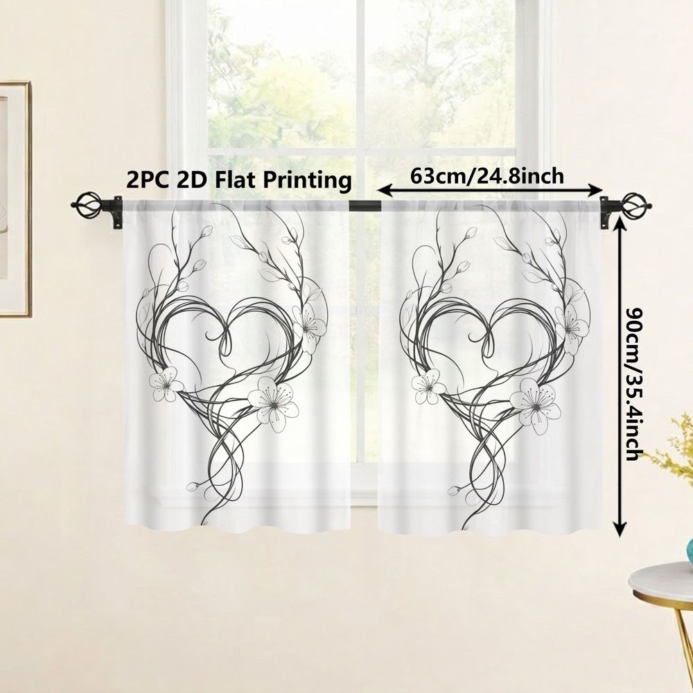 TEMU 2pcs Small-sized Gauze Curtains Suitable For Coffee Curtains, Bathrooms, Kitchens - Modern Black & White Ornate Heart Vine Filtering Window