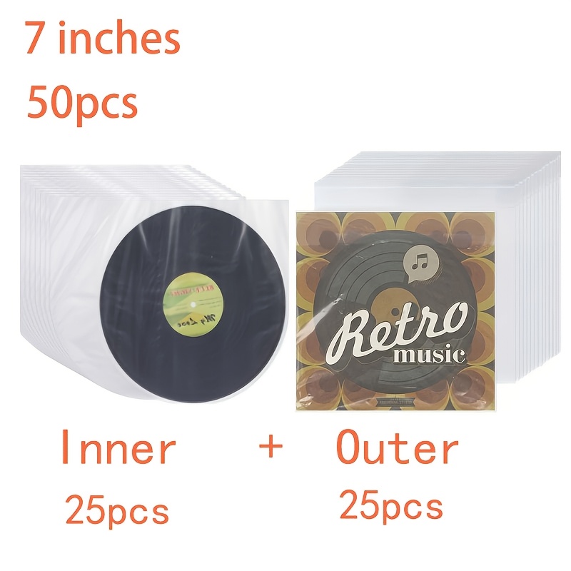 50pcs professional protective sleeve set for 7 inch vinyl records including 25 inner sleeves and 25 outer sleeves features a   system with dust proof and scratch resistant     with semi transparent inner storage