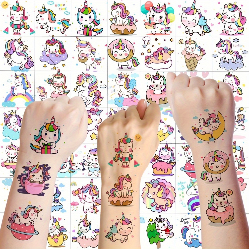 Image of 50pcs Cute Unicorn Kid Temporary Tattoo Women Waterproof Fake Tattoo Sticker 3d Bulk Cartoon Horse Tattoo Birthday Gifts Party Gift Sets
