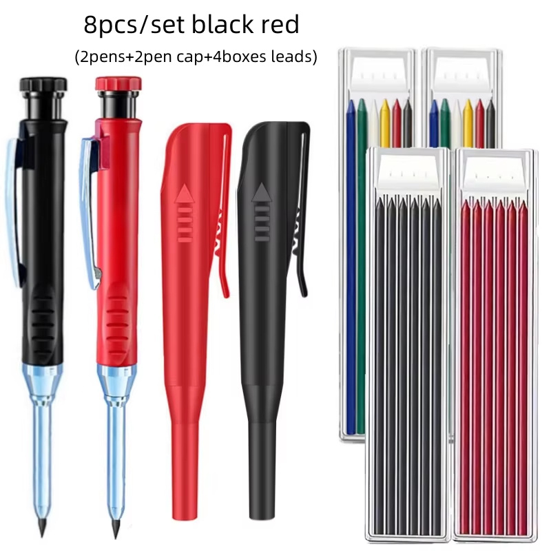8pcs/set 2.8mm Solid Carpenter Pencil With Pencil Cap And Built-in Sharpener For Deep Hole Mechanical Pencil Scribing Marking Woodworking 2pencils+2pencil Caps+4boxes Leads