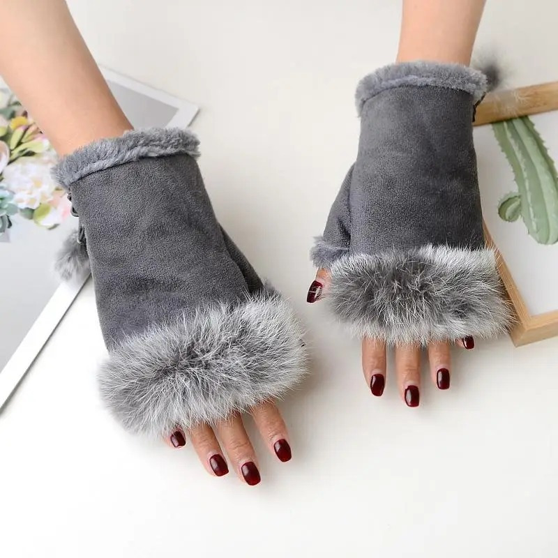 

Chic Rabbit Fur Wrist Gloves For Women - Cozy Suede Fingerless Mittens With Touchscreen , Evening Dates