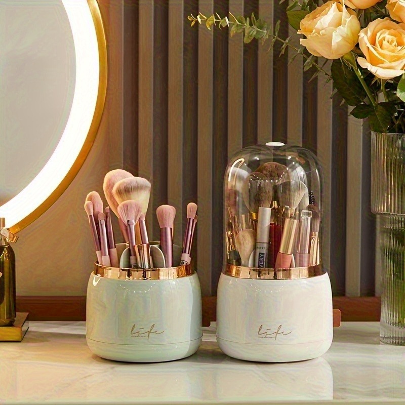 luxury makeup brush organizer with mint green rose golden accents transparent vanity storage box large capacity makeup organizer with dustproof lid for professional or home use bathroom countertop decor no assembly needed makeup vanity desk Product details 3