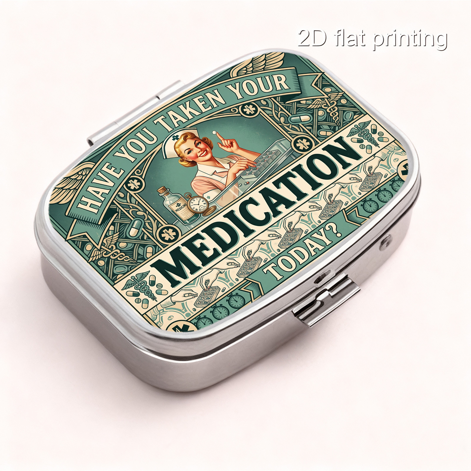 TEMU Single-piece 2d Flat-printed Portable Mini Dual-compartment Pill Case, Vintage American-style Nurse Medication Reminder Poster Print, Travel