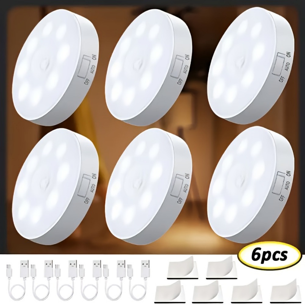 Image of Modern Adjustable Brightness 6pcs Usb Rechargeable Led Motion Sensor Lights - Infrared Sensor, White - Bedside And Stair Lighting For Bedroom, Dorm, And Home Use, Motion Sensor Light Indoor