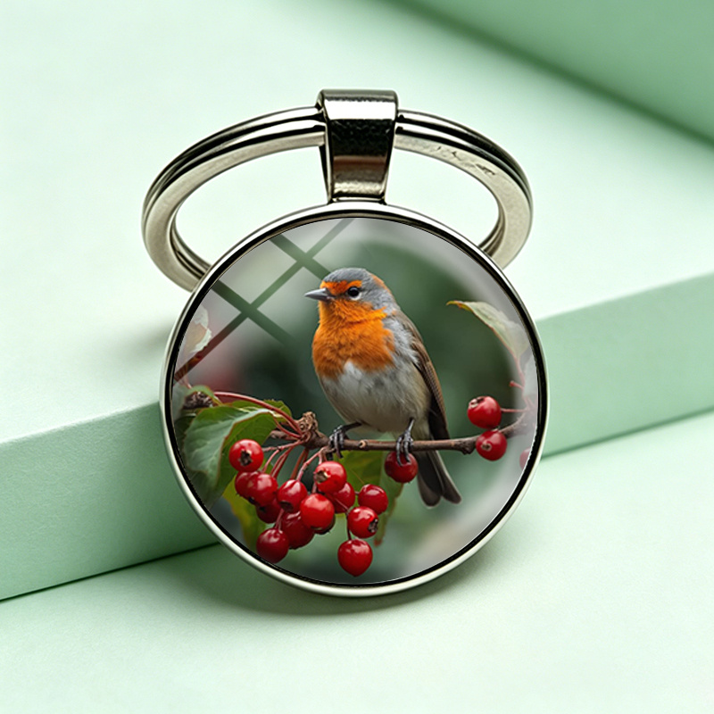 TEMU 1pc Robin Bird On Branch Round Glass Dome Keyring Fashion Handmade Backpack Car Keychain Unisex Gifts