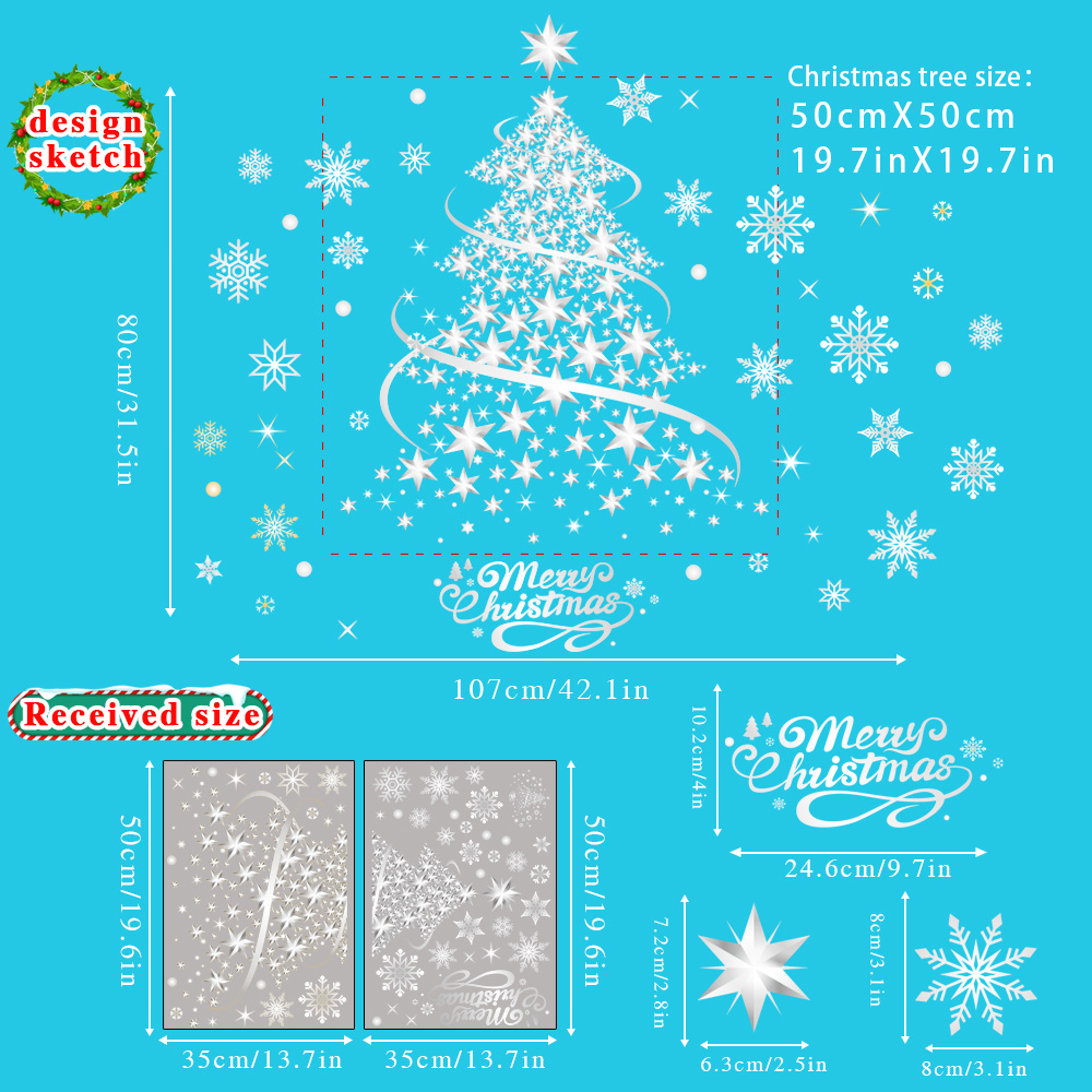 Image of Silver Christmas Tree Window Decoration Sticker - For Indoor And Outdoor, Windows, Doors, Shop Window Decoration, 13.7x196 Inches, Pvc Static Sticker, Christmas Party Decoration - 2 Sheets