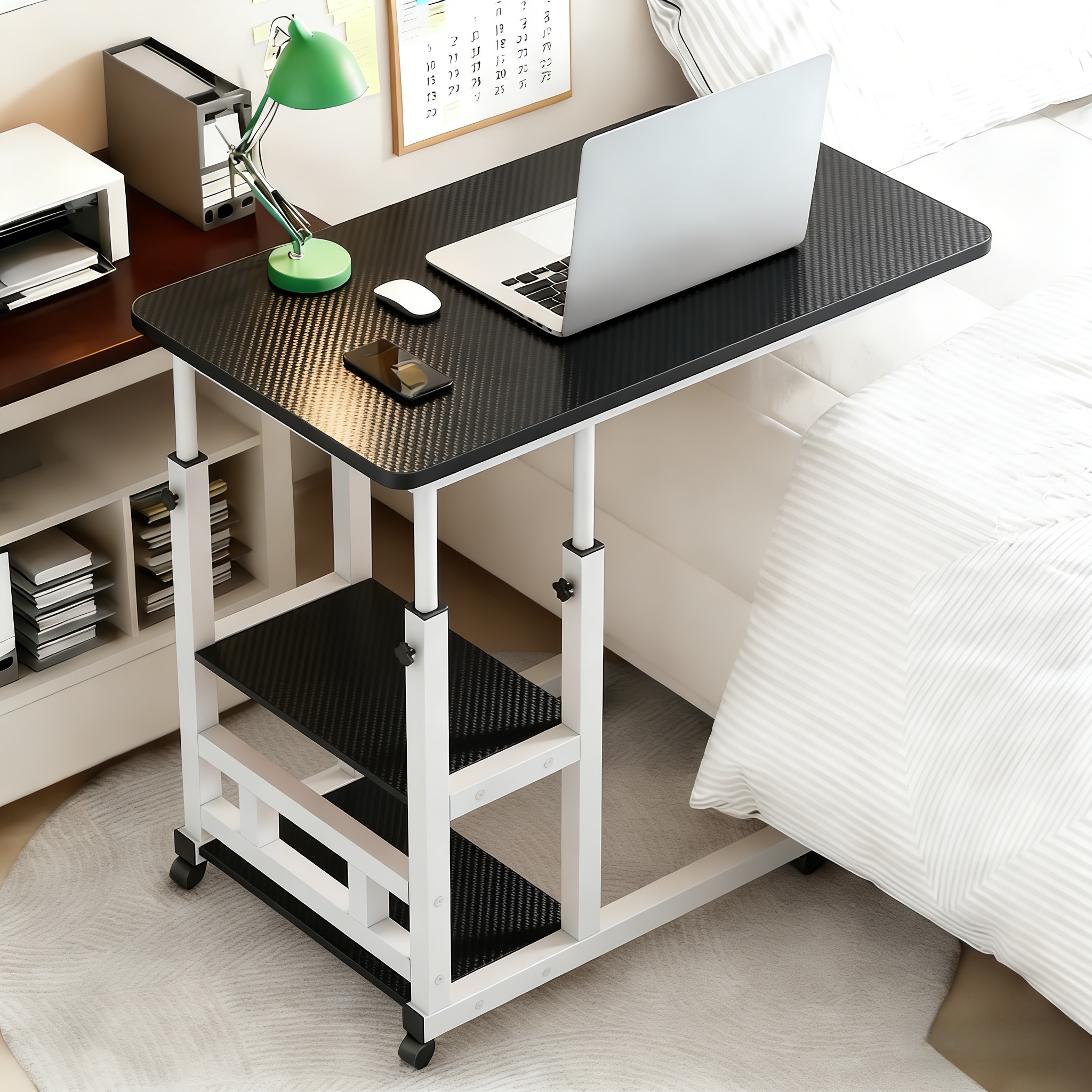 Mobile Nightstand with Wheels, Height Adjustable Bedside Table with Storage Shelf, Rolling Side End Table for Bedroom, Dorm, Living Room, Easy Assembly& Space-Saving Caster Table for Small Spaces.