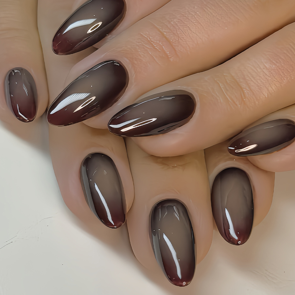 TEMU 24pcs Almond-shaped Press-on Fake Nails, Brown Ombre Gradient, Stylish And Simple With , Detachable Fake Nails Suitable For Parties, Autumn And