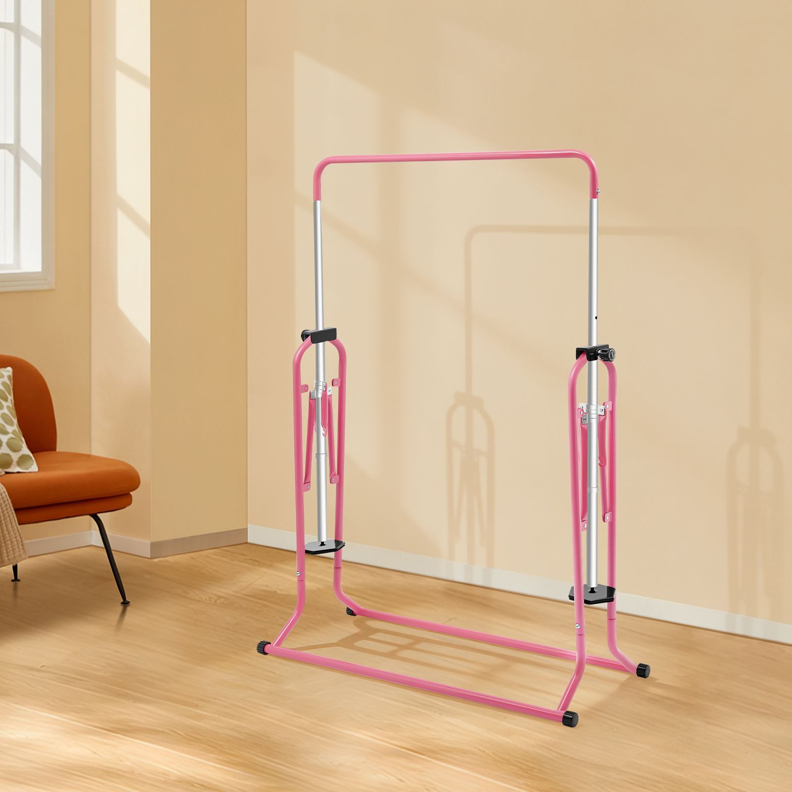 Folding Pull-up Bar, Height Adjustable 45-61 Inches, 5 Settings, With Non-slip Base, Home Workout, Pink, Weight Capacity: 176 Lbs