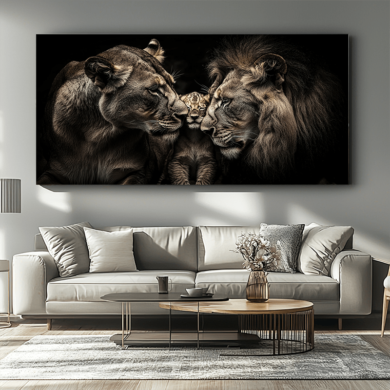 TEMU 2d Flat, 1pc Frameless Canvas Wall Art - 55.2x27.6 Inch Modern Minimalist Animal Print, Father Mother & Cub Embracing On Dark Background,