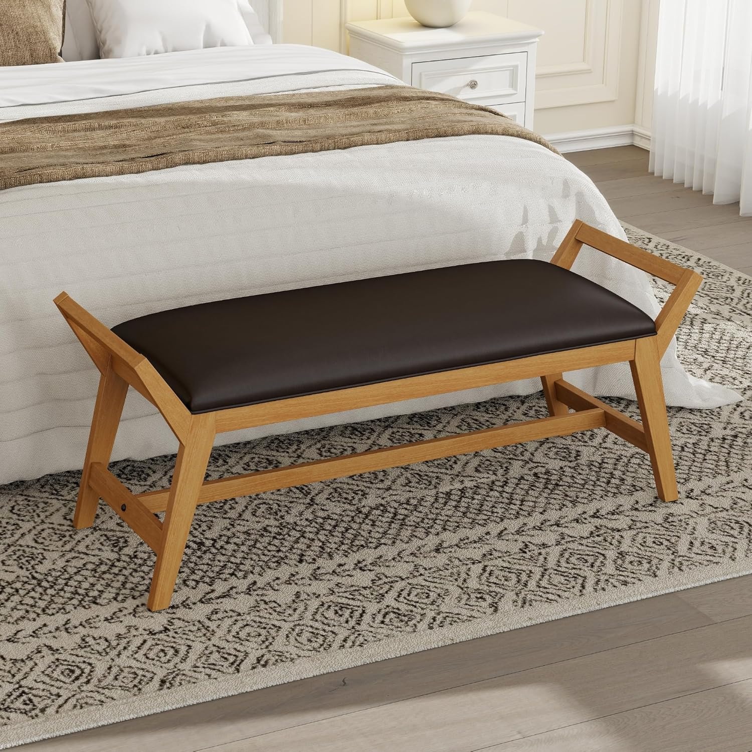 1pc 51Inch End of Bed Bench | Solid Wood Frame, Fabric Upholstered Ottoman Bench for Entryway, Bedroom, Hallway, Living Room, Modern Style