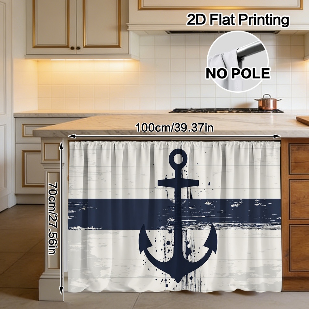 TEMU 2d Flat, 1pc Nautical Anchor Window Curtain Panel Suitable, Semi-sheer Rod Pocket Short Panel With Anchor, Machine Washable Polyester Fabric For
