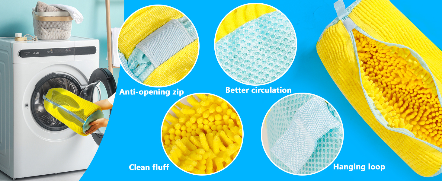 Durable Shoe Washing Machine Bag for All Shoe Types - Yellow with Blue Zipper, Protective Laundry Bag with Rich Fluff Interior, Ideal for Sneakers and Casual Shoes, Laundry Wash Bag, Laundry Bags