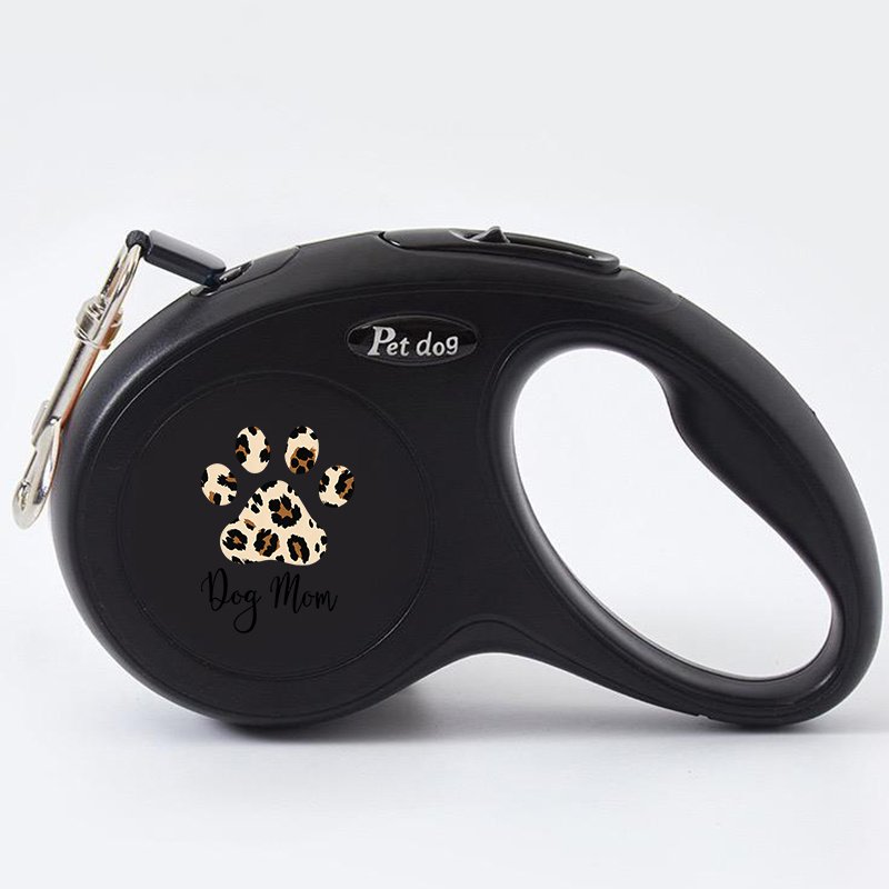 TEMU 1pc Retractable With Leopard Print Paw And "dog Mom" Slogan, Portable Walking Lead With One-hand Brake Pause Lock, Durable Walking Accessory For
