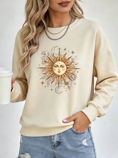 womens crewneck sweatshirt vintage print with stars moon and floral elements soft comfortable breathable fashionable versatile casual daily wear