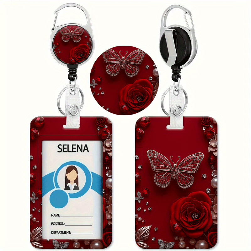 TEMU Gorgeous Red Rose Print Card Holder With Retractable Clip - Heavy Duty Lanyard For Id, Credit Cards Suitable For Nurses, Doctors, Teachers,