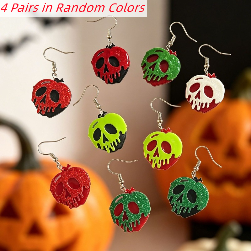 TEMU Random 4 Pairs Of Glitter Poison Skull Pendant Earrings, Colors Random, Acrylic Teardrop Earrings, Gothic Halloween Jewelry Accessories, Women's