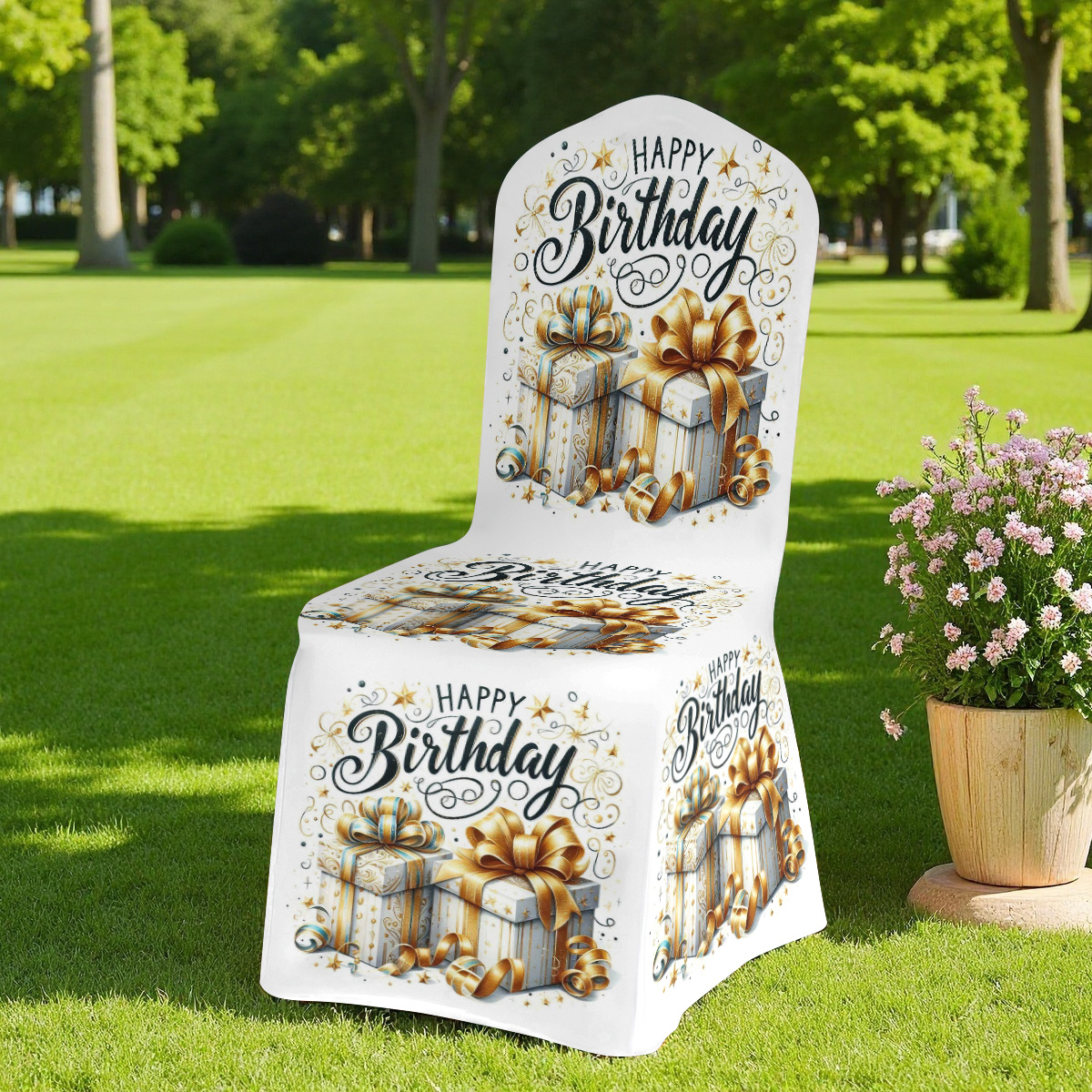 TEMU Housse de chaise 2D 2026 à couverture complète avec thème d'anniversaire, cadeau + imprimé " Anniversaire", élastique