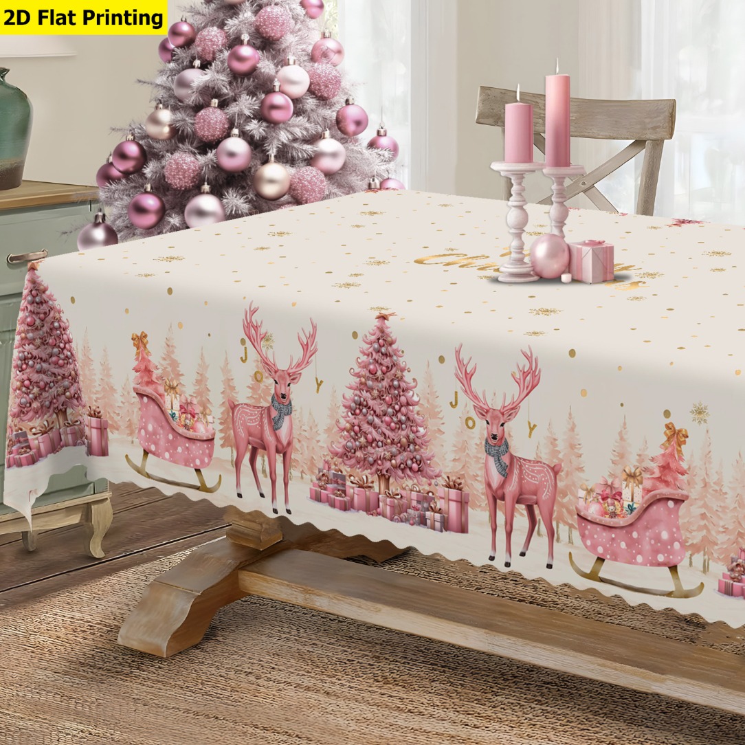 TEMU 2d Flat Tablecloth Christmas Theme, 1pc Pink Retro Christmas Tablecloth, With Reindeer And Christmas , Festive Christmas Decor, Winter Gift