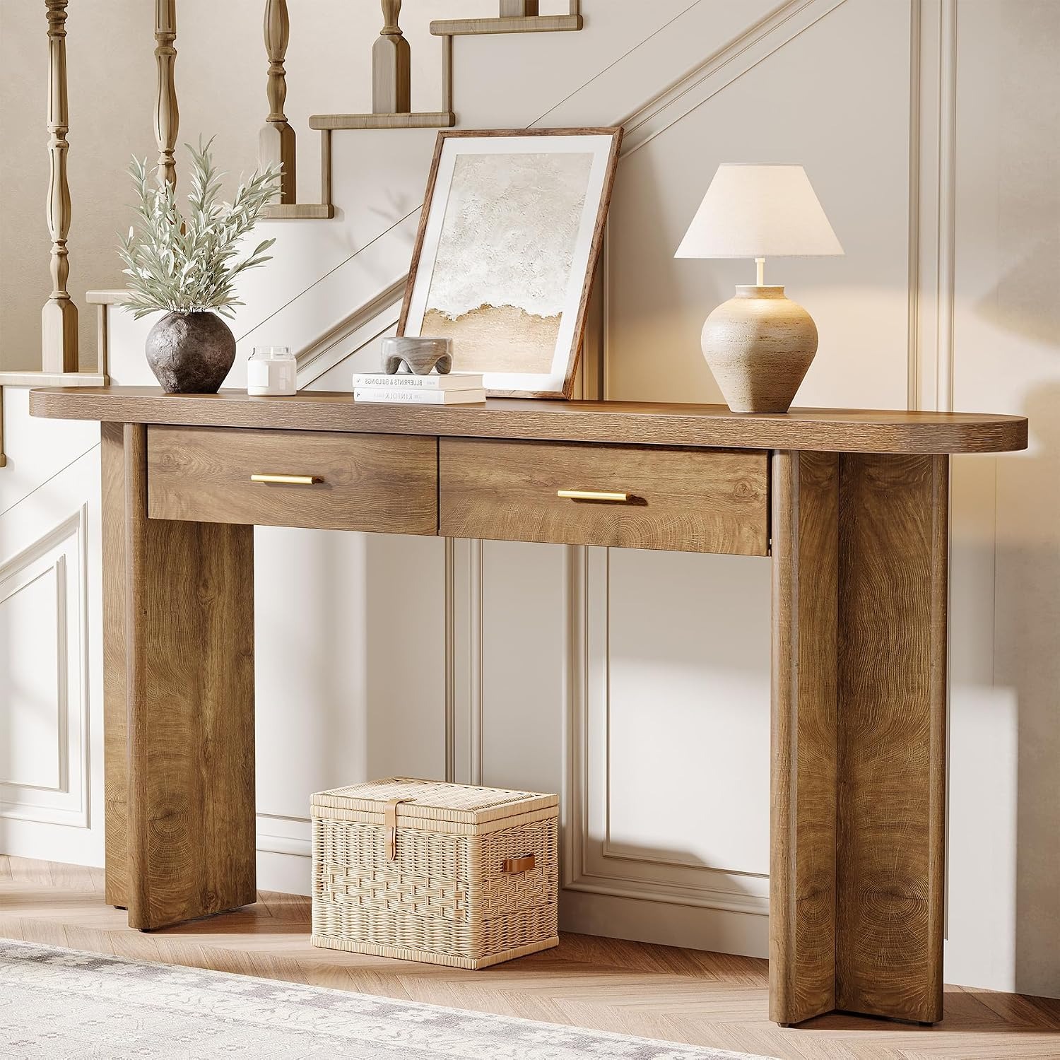 Image of Console Table With 2 Drawers, 160cm Country Style Side Table, Oval Hall Table With Storage, Corner Sofa Table For Living Room, Hallway, And Entrance Area In Brown