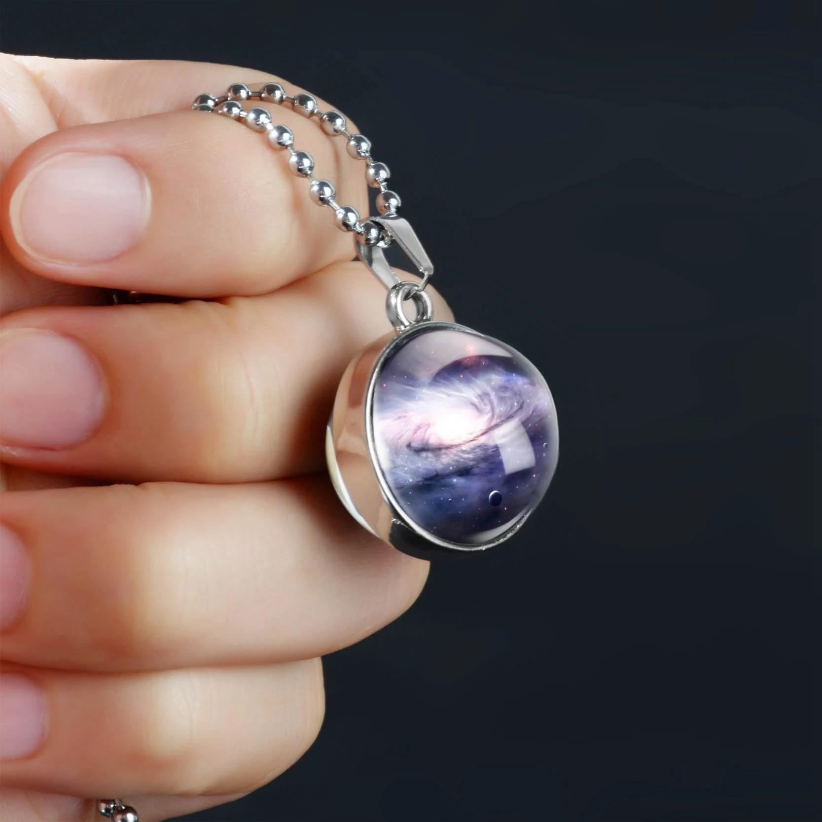 Double-Sided Galaxy Star Cabochon Glass Pendant Necklace