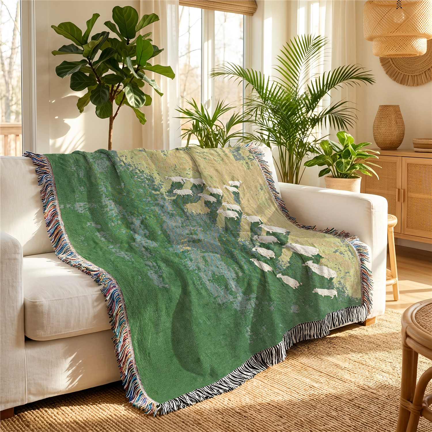 TEMU Boho Lamb Pattern Aesthetic Blanket With Tassels, Non-print Stereo Design Texture, Trending Vintage Soft Durable Throw Fringe, Premium Viral,