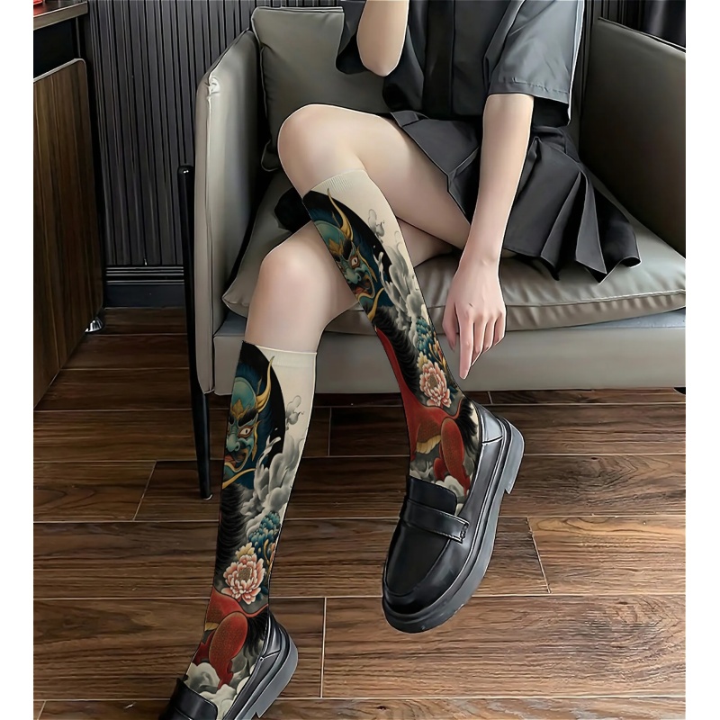 TEMU A Pair Of Women's Calf-length Socks Featuring A Japanese-style And For Lotus Tattoo Pattern. Long Socks Are Sexy,, Thin, And Versatile For