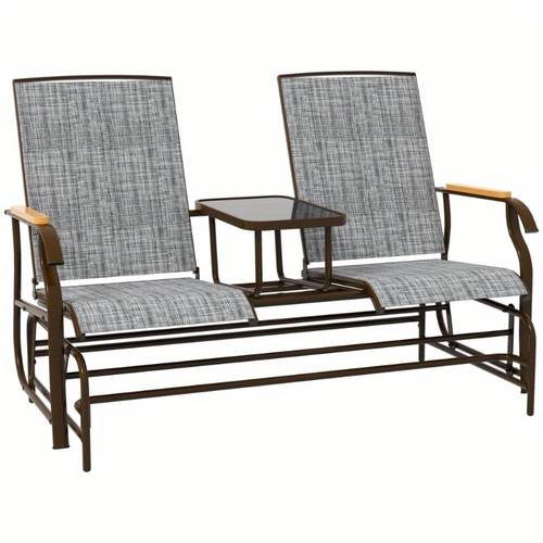 2 person outdoor glider bench patio swing glider chair loveseat with breathable mesh table for garden backyard porch gray