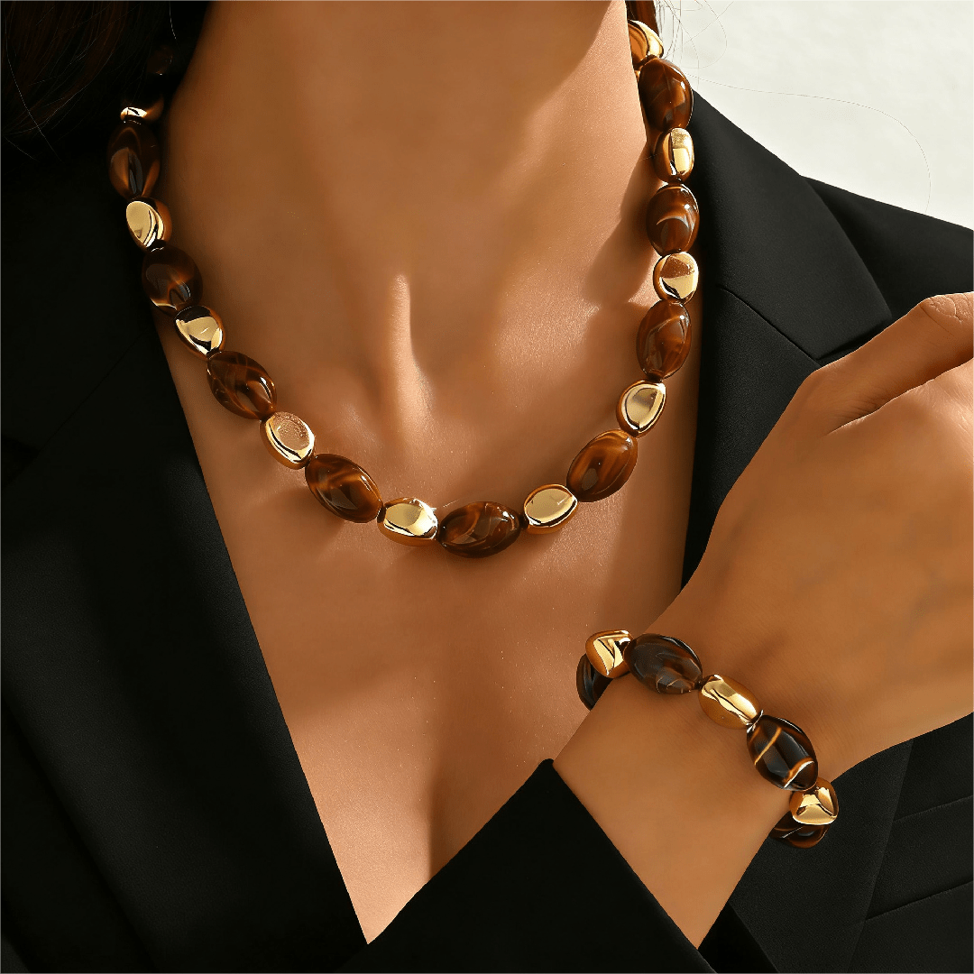 TEMU Random Resin Pattern 1 Bracelet + 1 Necklace Set For Women, Bohemian Style With Irregular Resin And Ccb Beads, Adjustable Jewelry Set. Suitable