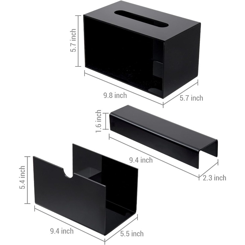 modern black glossy acrylic tissue box dispenser with slide-out holder & refillable drawer-like design - rectangular bathroom/office/ vanity storage, space-saving tissue dispenser with    ,     &   pads - minimalist  , easy-  (compatible with tissues not included) - sleek rectangular tissue box cover with slide-out panel, tissue holder bathroom Product details 5