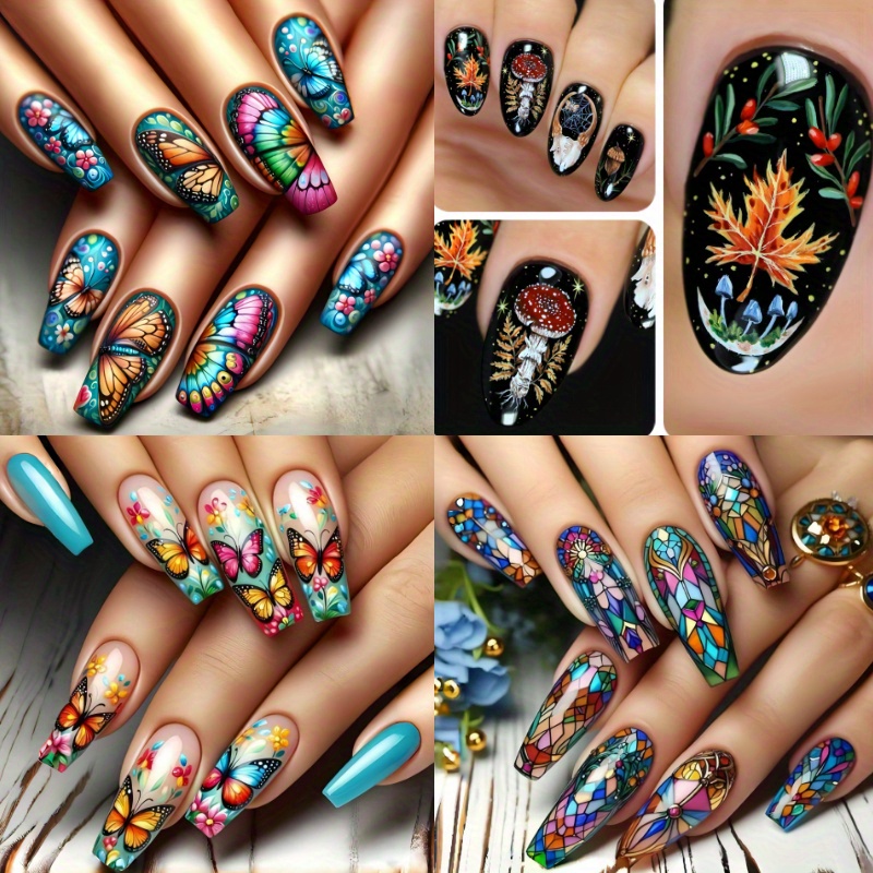 TEMU Colorful Press On Nail Flower Pattern 96pcs (4pcs) False Nail Medium Coffin Nails Mirror Reusable Full Cover Fake Nails For Women