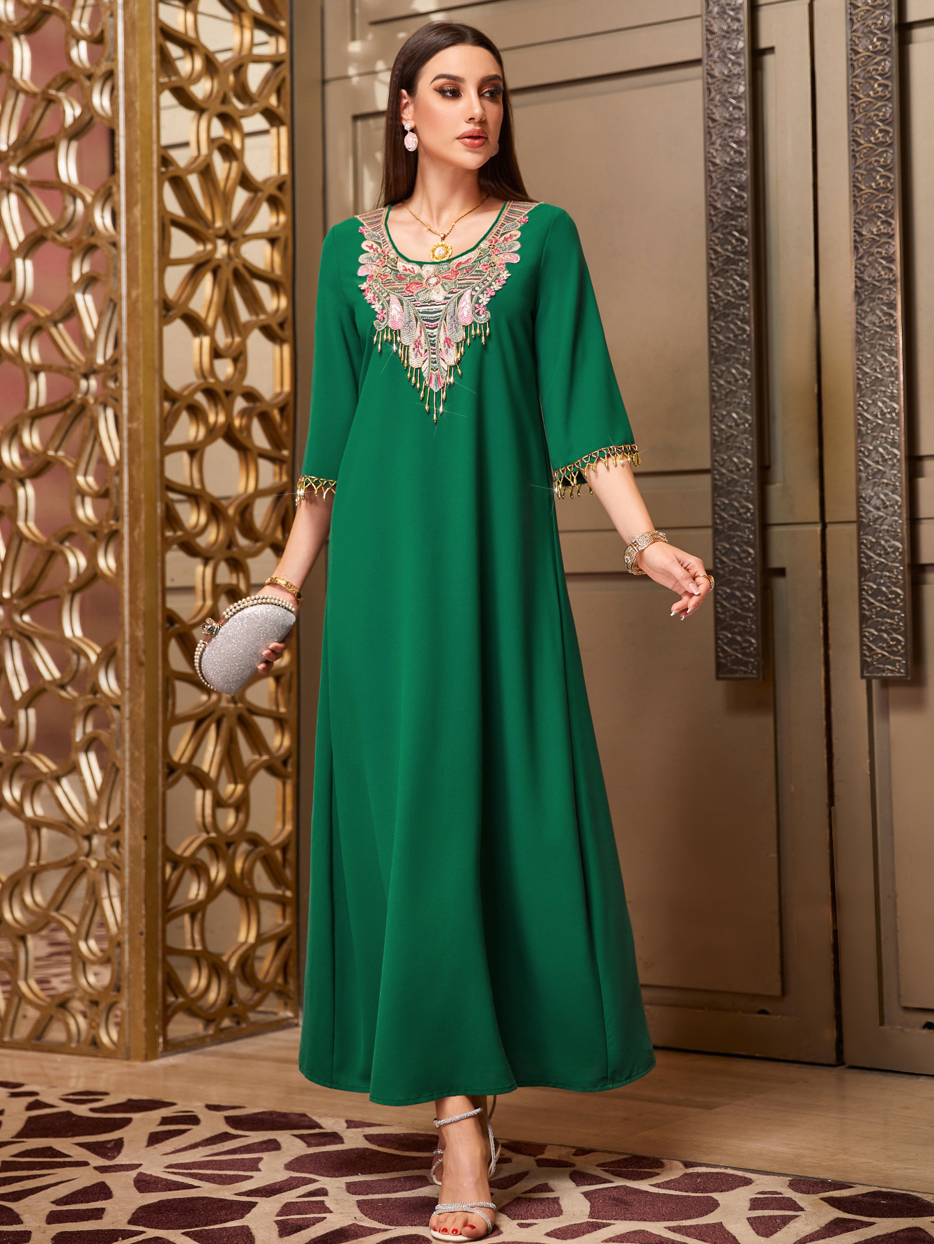 slim fit dress slacks Roma Label | Women's Sienna Maxi Emerald (Green Flowers Print, Size Xs)