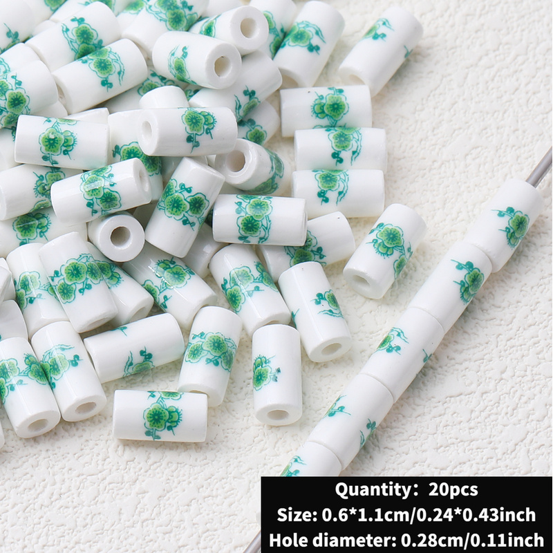 Cute Ceramic Decal Cylindrical Beads, 20pcs Set for DIY