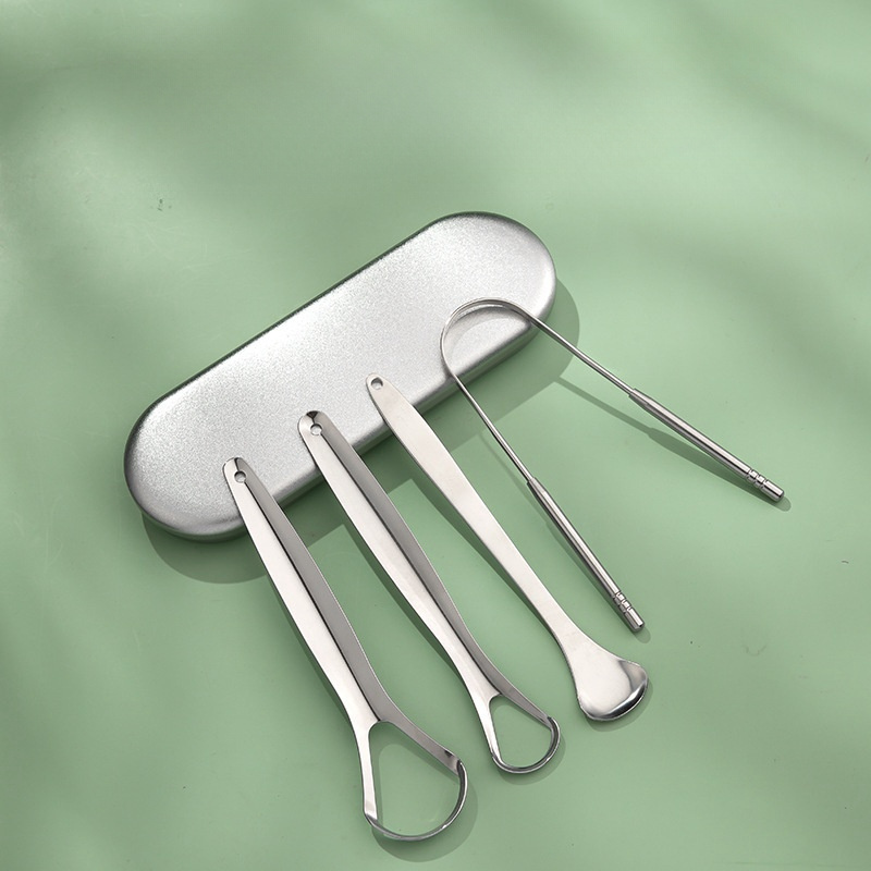 4pcs Stainless Steel Tongue Scraper Set With Portable Case - Odorless, Oral Care Tool For
