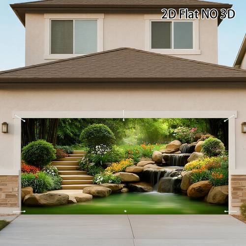 2d flat no 3d 1pc waterfall pond printing garage door banner outdoor decorative panel with six hole design install refresh house exterior look for parties driveway patio porch 2d flat 2d flat