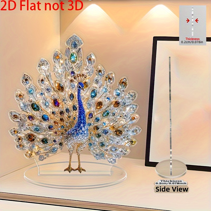TEMU 2d Flat, Bohemian Style Acrylic Peacock Statue With Base - Elegant Tabletop Decor Suitable For Home, Wedding,, Indian-themed Centerpiece, No