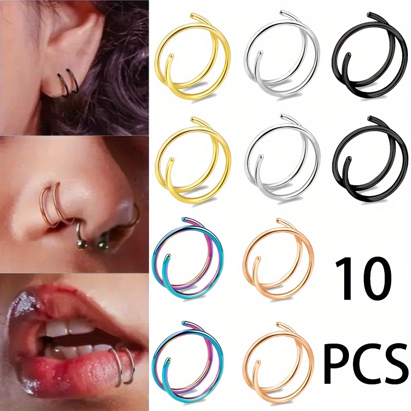 TEMU 10pcs Hoop Nose Ring Stainless Steel Jewelry Set Single Piercing Spiral Nose Ring Hoop Lip Rings Colorful Nose Piercing Jewelry Women/ Men Body