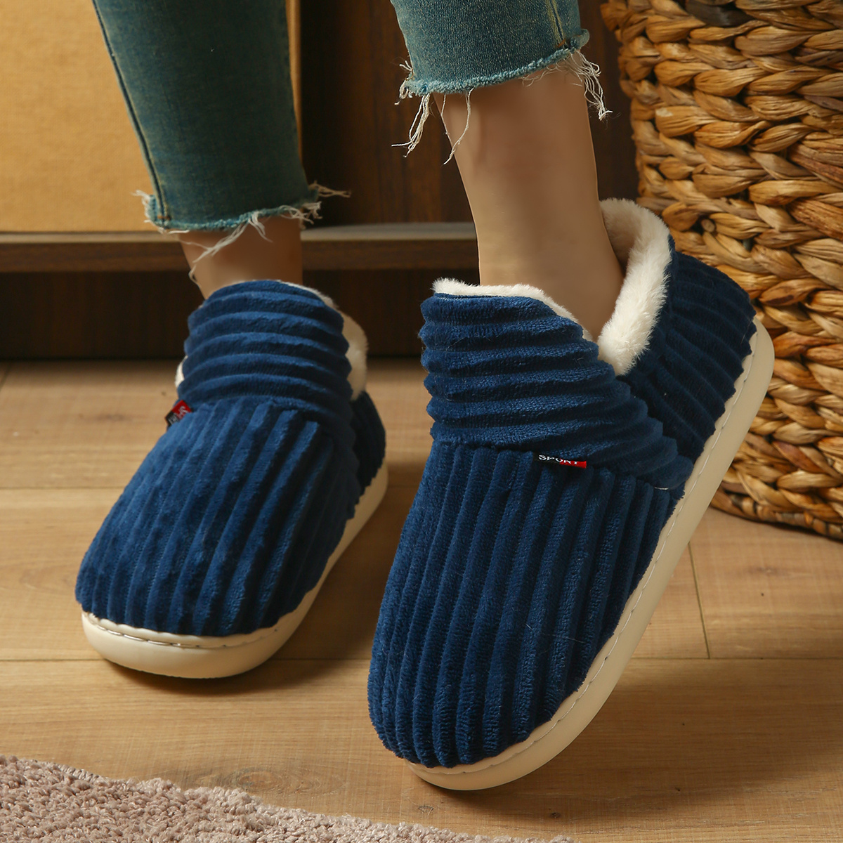 TEMU Full-coverage Heel Corduroy Slippers For Women, Winter Plush-lined House Shoes, Soft-soled Quiet And Warm Heel-enclosed Slippers, Women Shoes