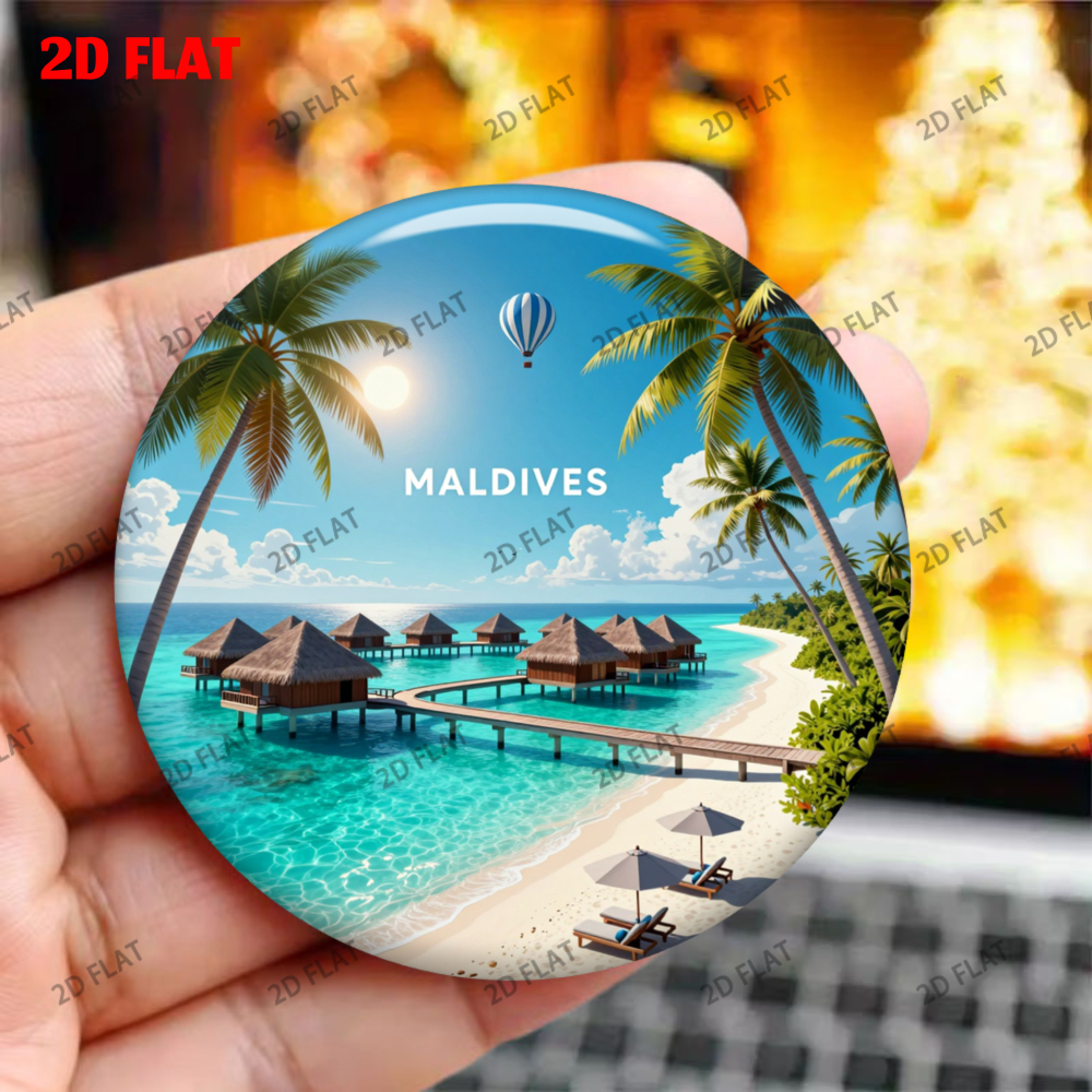 TEMU 1pc- Maldives Villa- 2d Round Metal Durable Magnet, High-quality Printing, Suitable For Decorating Refrigerators, Writing Boards, Cabinets, And