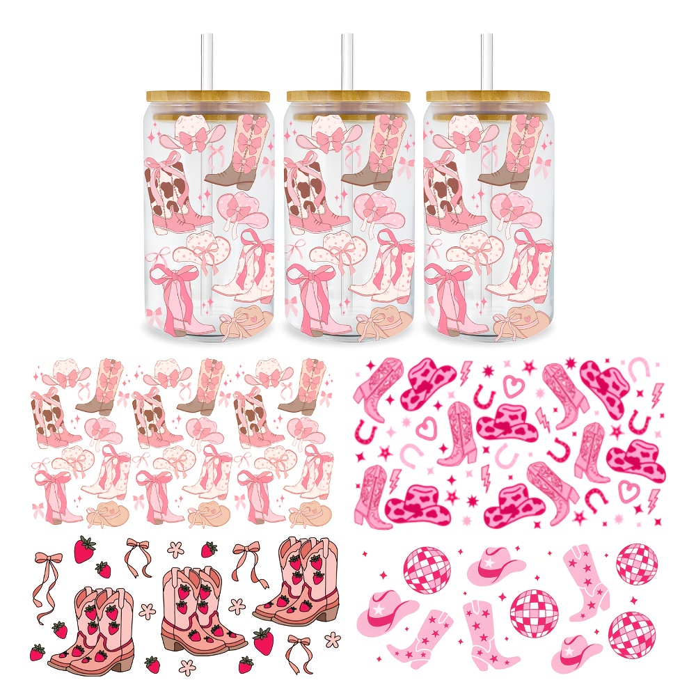 TEMU 4pcs Cowboy Hat, Cowboy Boots, Disco Ball, Uv Dtf Cup Wrap Set, 's Day Bow Strawberry Shorts Boots, Waterproof And Scratch-resistant, Plastic
