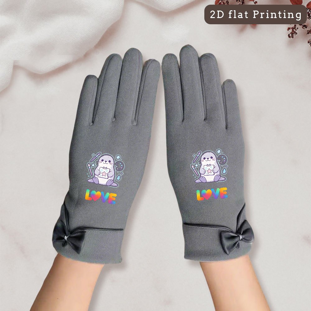 Women's Seal Print Fleece-Lined Touchscreen Winter Gloves with Bow