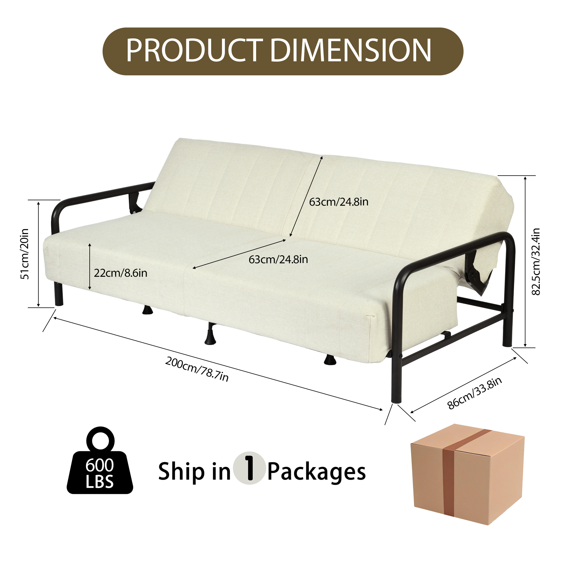 Modern Convertible Upholstered Sofa Bed with Adjustable Backrest & Independent Spring Support - Heavy-Duty Metal Frame, 600 Lbs Weight Capacity, Smooth Flat Sleeper Bed for Small Spaces, Guest Room, Daybed - Assembly, Space-Saving