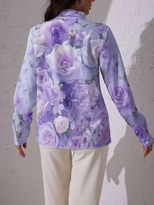 a new womens long sleeve shirt in light purple with soft clusters featuring a and delicate pattern its a versatile and casual top suitable for commuting machine washable and has a button print design